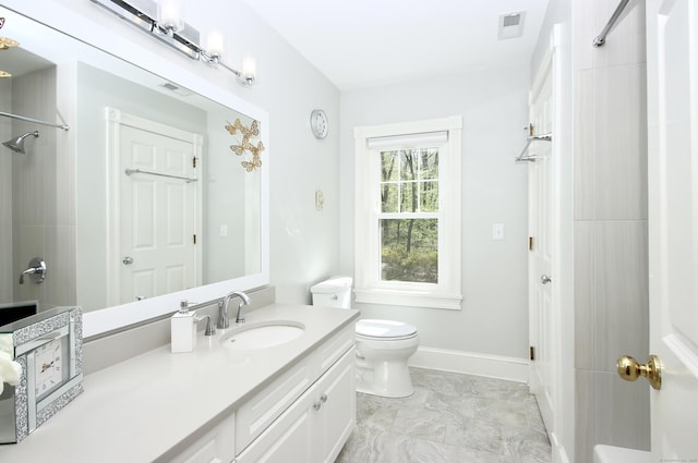 56 Grouse Ln, Woodbridge, CT 06525 - bathroom with toilet, vanity, a shower, marble finish floors, and baseboards