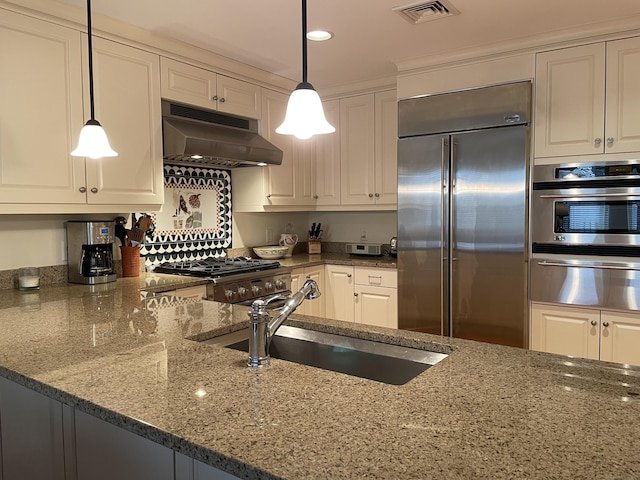 kitchen with appliances with stainless steel finishes, under cabinet range hood, a warming drawer, a sink, and stone counters