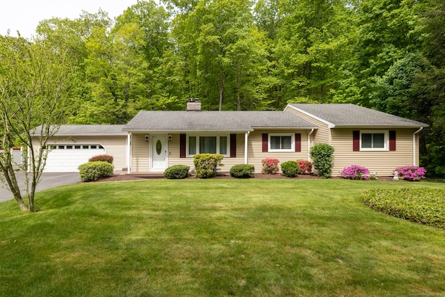 153 Mountain Rd, Cheshire, CT 06410 - single story home with a garage, a chimney, a front lawn, driveway, and a shingled roof