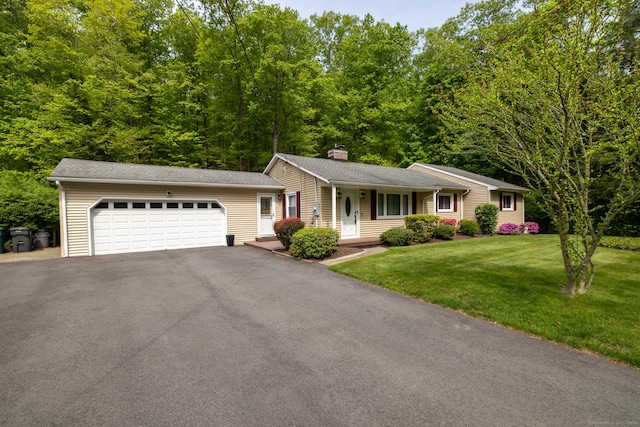 153 Mountain Rd, Cheshire, CT 06410 - ranch-style home with a chimney, asphalt driveway, an attached garage, a front yard, and a porch