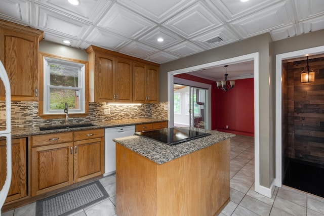 153 Mountain Rd, Cheshire, CT 06410 - kitchen featuring white dishwasher, black electric stovetop, a sink, decorative backsplash, and recessed lighting