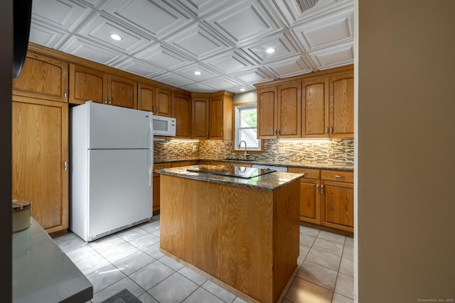 153 Mountain Rd, Cheshire, CT 06410 - kitchen with white appliances, tasteful backsplash, a kitchen island, recessed lighting, and brown cabinets