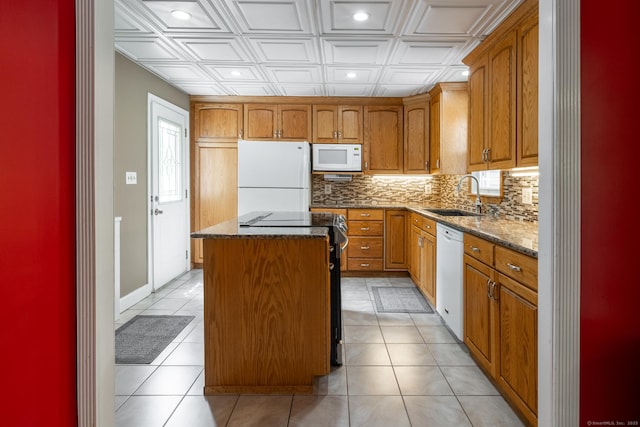 153 Mountain Rd, Cheshire, CT 06410 - kitchen with white appliances, a sink, a center island, an ornate ceiling, and decorative backsplash