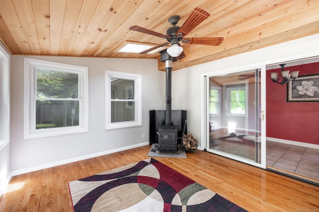 153 Mountain Rd, Cheshire, CT 06410 - sitting room with a wood stove, wood ceiling, wood finished floors, lofted ceiling, and plenty of natural light