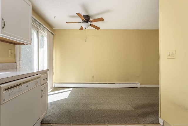 unfurnished room with ceiling fan, carpet floors, baseboards, and baseboard heating
