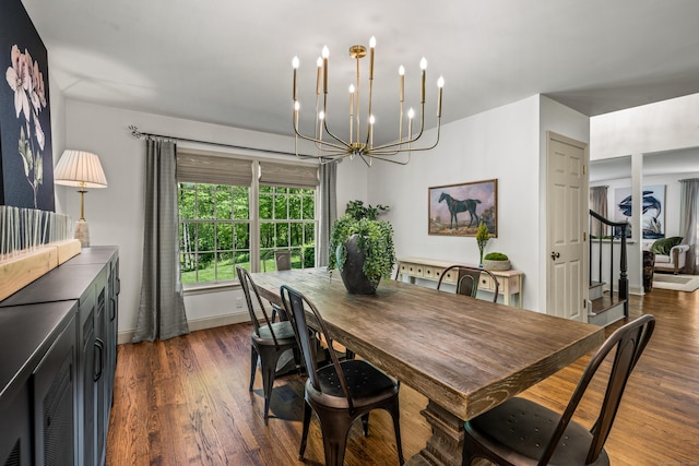 12 Rob Rider Rd, Redding, CT 06896 - dining space featuring dark wood-type flooring, a chandelier, baseboards, and stairway