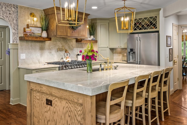 12 Rob Rider Rd, Redding, CT 06896 - kitchen featuring stainless steel refrigerator with ice dispenser, a sink, dark wood-style flooring, light stone counters, and recessed lighting