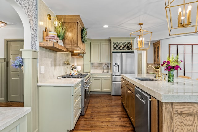 12 Rob Rider Rd, Redding, CT 06896 - kitchen featuring high quality appliances, a sink, a chandelier, tasteful backsplash, and dark wood-type flooring