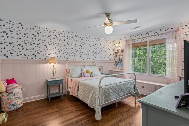 12 Rob Rider Rd, Redding, CT 06896 - bedroom featuring wallpapered walls, wainscoting, wood finished floors, and a ceiling fan