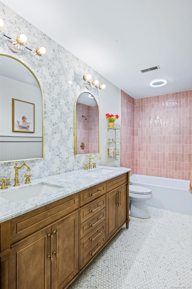 12 Rob Rider Rd, Redding, CT 06896 - full bath with toilet, double vanity, wallpapered walls, and a chandelier