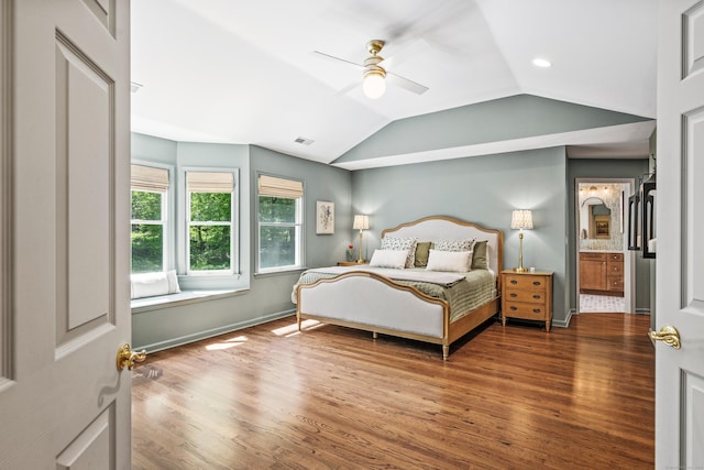 12 Rob Rider Rd, Redding, CT 06896 - bedroom featuring wood finished floors, lofted ceiling, baseboards, a ceiling fan, and connected bathroom