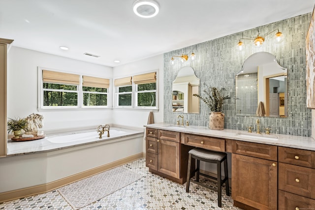 12 Rob Rider Rd, Redding, CT 06896 - full bath with a garden tub, double vanity, a tile shower, and backsplash
