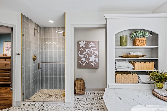 12 Rob Rider Rd, Redding, CT 06896 - bathroom with a stall shower, recessed lighting, and baseboards