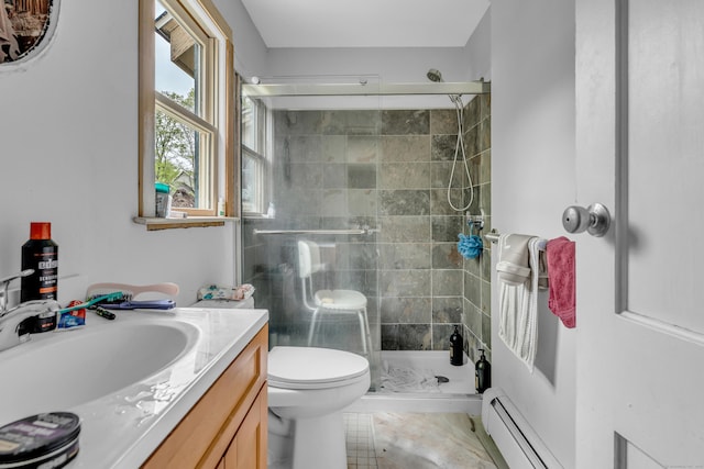 872 Nut Plains Rd, Guilford, CT 06437 - full bath featuring a baseboard radiator, a shower stall, vanity, and toilet