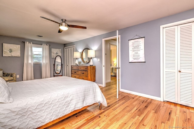 bedroom featuring light wood-style floors, baseboards, and ceiling fan