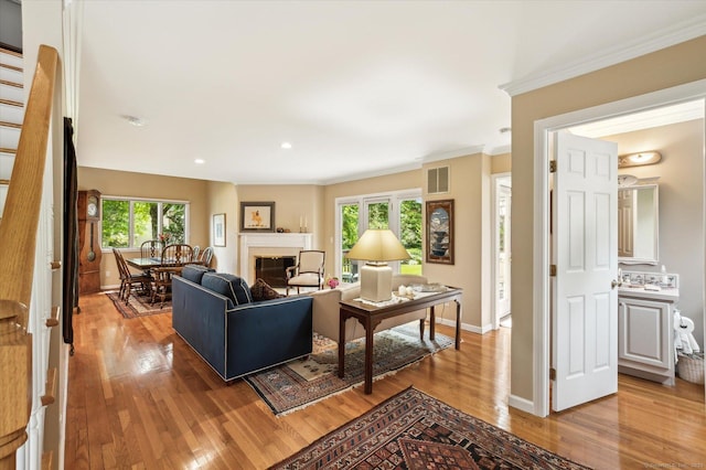 8 Cottonwood Ct Unit 8, Granby, CT 06035 - living area featuring light wood-style flooring, baseboards, ornamental molding, a glass covered fireplace, and recessed lighting