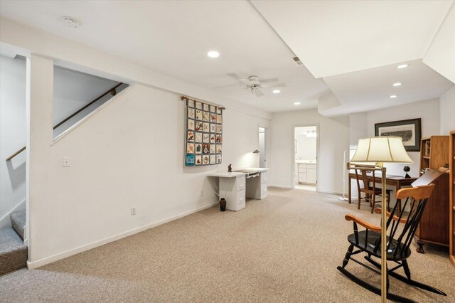 8 Cottonwood Ct Unit 8, Granby, CT 06035 - sitting room featuring stairs, light carpet, ceiling fan, baseboards, and recessed lighting