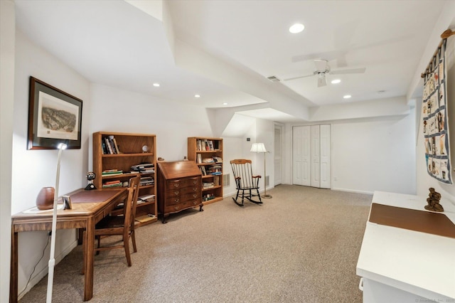 8 Cottonwood Ct Unit 8, Granby, CT 06035 - home office with recessed lighting, light colored carpet, a ceiling fan, and baseboards