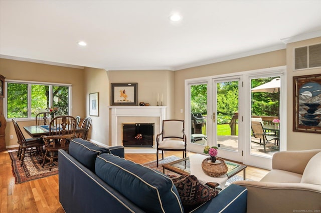 8 Cottonwood Ct Unit 8, Granby, CT 06035 - living area featuring light wood finished floors, a glass covered fireplace, crown molding, recessed lighting, and baseboards