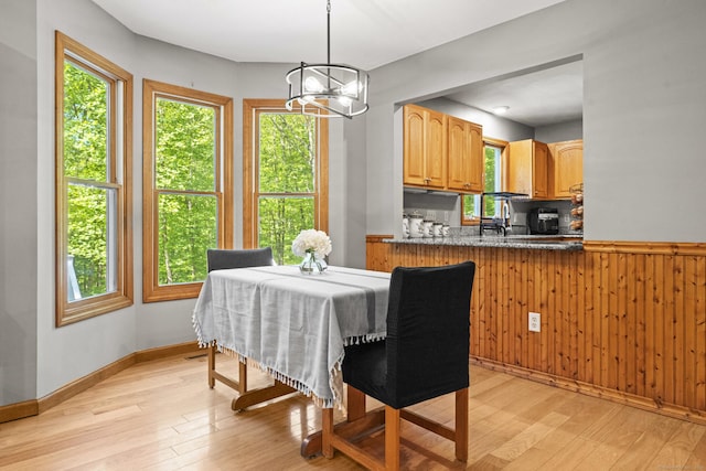 74R Green Ln, Durham, CT 06422 - dining space featuring a chandelier, light wood-style flooring, wood walls, and a wainscoted wall