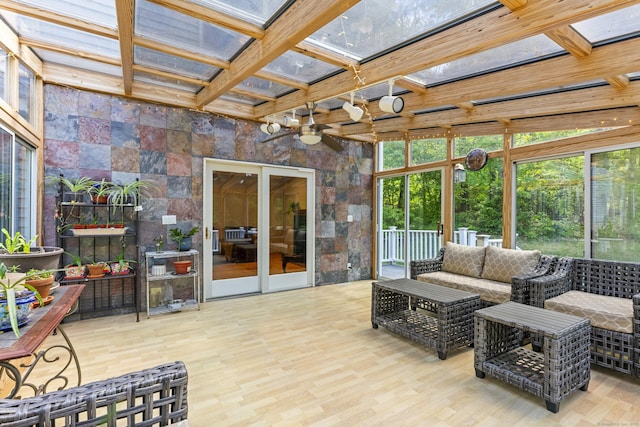 74R Green Ln, Durham, CT 06422 - sunroom featuring coffered ceiling, an outdoor living space, ceiling fan, beam ceiling, and healthy amount of natural light