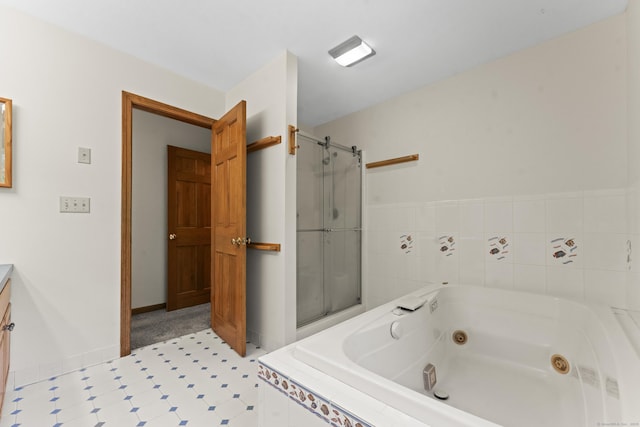 74R Green Ln, Durham, CT 06422 - bathroom featuring tile patterned floors, a whirlpool tub, vanity, and a shower stall