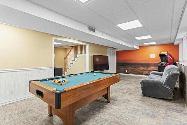 74R Green Ln, Durham, CT 06422 - playroom with a drop ceiling, pool table, a wainscoted wall, baseboards, and wooden walls