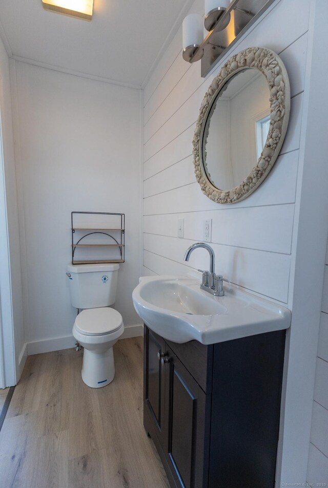 bathroom featuring wood finished floors, vanity, and toilet