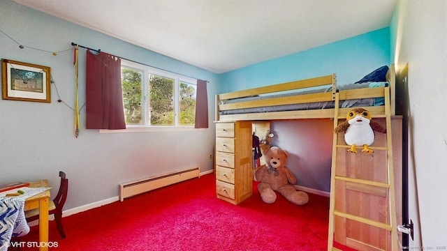 carpeted bedroom featuring a baseboard radiator and baseboards