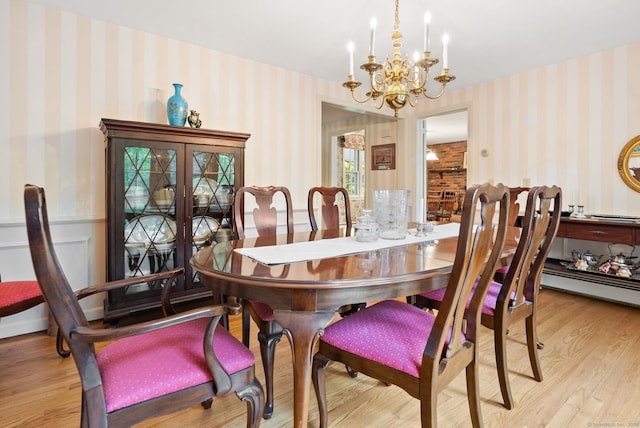 dining area with wallpapered walls, a chandelier, and wood finished floors