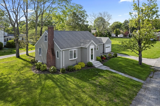 42A New London Rd, Groton, CT 06355 - view of front of home featuring roof with shingles, an attached garage, a front lawn, a chimney, and driveway