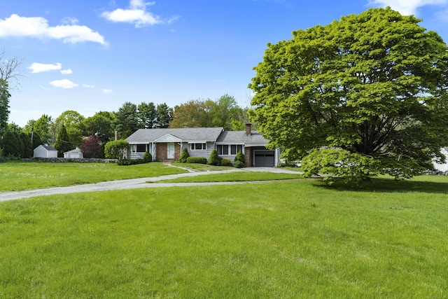 42A New London Rd, Groton, CT 06355 - single story home featuring a garage, a front yard, a chimney, and driveway