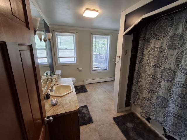 bathroom with a baseboard heating unit, vanity, tile patterned floors, crown molding, and curtained shower