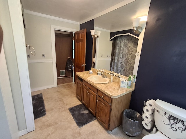 full bathroom with ornamental molding, vanity, toilet, tile patterned flooring, and a shower with shower curtain