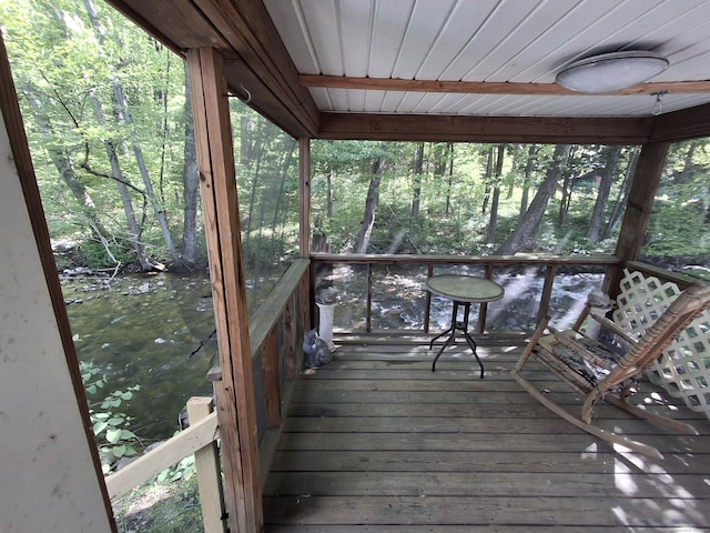 wooden terrace featuring a water view