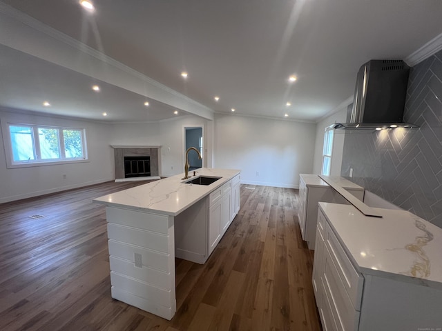 28 Crescent Park Rd, Westport, CT 06880 - kitchen featuring a sink, ornamental molding, white cabinets, open floor plan, and dark wood-type flooring