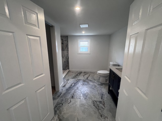 28 Crescent Park Rd, Westport, CT 06880 - full bathroom featuring toilet, vanity, a shower, marble finish floors, and baseboards