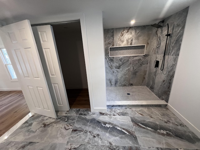 28 Crescent Park Rd, Westport, CT 06880 - bathroom featuring baseboards, a marble finish shower, marble finish flooring, and recessed lighting