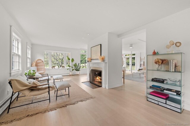 21 Rte 7, Salisbury, CT 06796 - living area featuring wood finished floors, a fireplace with flush hearth, baseboard heating, recessed lighting, and baseboards