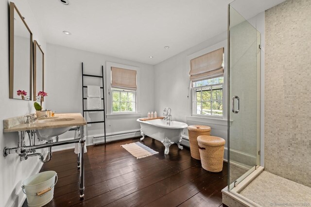 21 Rte 7, Salisbury, CT 06796 - full bathroom featuring a baseboard heating unit, hardwood / wood-style floors, a stall shower, a soaking tub, and recessed lighting