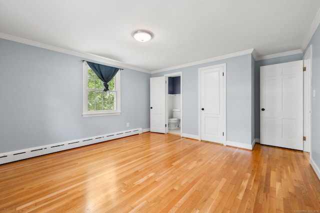 unfurnished bedroom with baseboard heating, light wood-style flooring, baseboards, ornamental molding, and ensuite bathroom