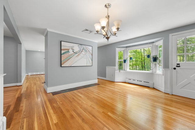 unfurnished dining area featuring a baseboard radiator, a chandelier, light wood-style floors, and baseboards
