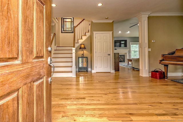 2 Butternut Ridge Rd, Oxford, CT 06478 - foyer entrance with light wood-type flooring, stairway, ornamental molding, ornate columns, and recessed lighting