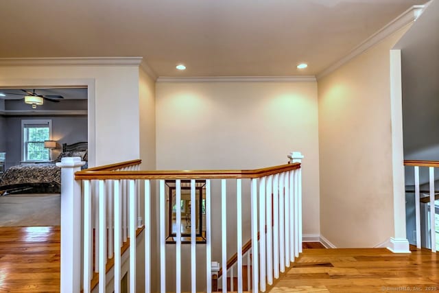 2 Butternut Ridge Rd, Oxford, CT 06478 - hallway with an upstairs landing, wood finished floors, ornamental molding, and recessed lighting