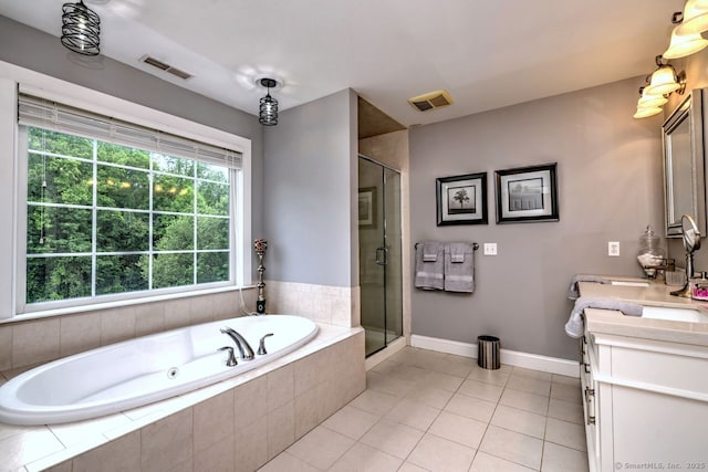 2 Butternut Ridge Rd, Oxford, CT 06478 - bathroom with double vanity, a tub with jets, a shower stall, tile patterned flooring, and baseboards