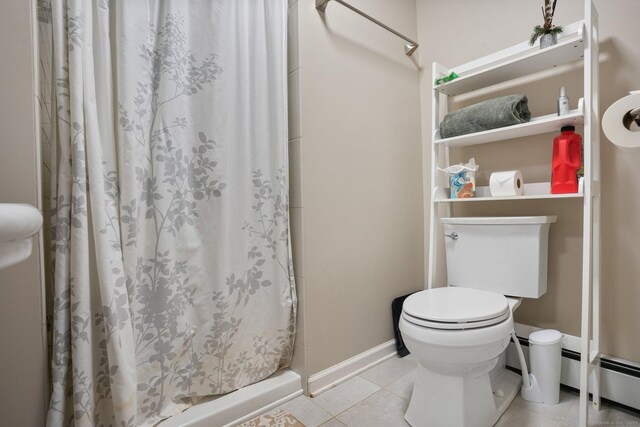 25 Fleetwood Dr, New Fairfield, CT 06812 - full bathroom featuring a shower with curtain, baseboards, tile patterned floors, toilet, and a baseboard radiator