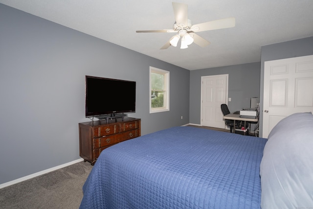 bedroom featuring carpet floors, baseboards, and ceiling fan