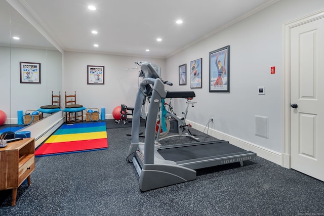 workout area with crown molding, recessed lighting, baseboards, and baseboard heating