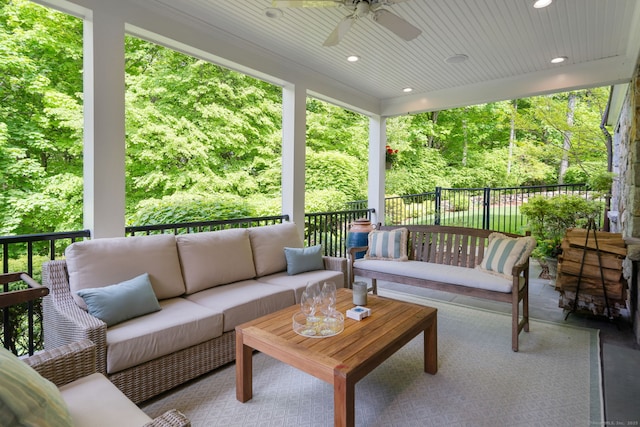 view of patio featuring an outdoor hangout area and ceiling fan