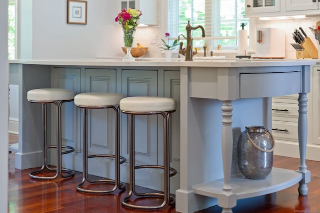 bar area featuring tasteful backsplash and dark wood-style flooring